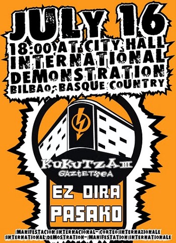 Cartel manifestación en defensa de Kukutza 16 de julio Bilbao
