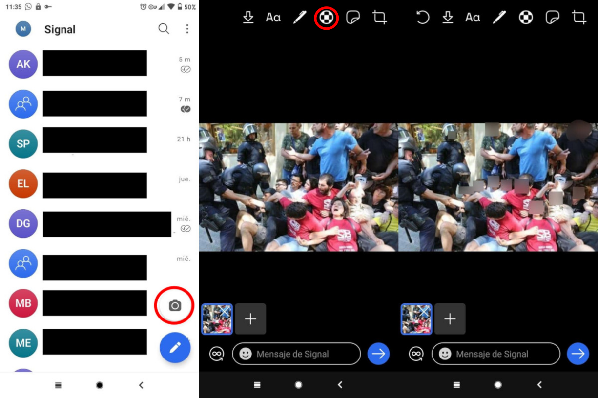 Captura de pantalla de Signal demostrant la funcionalitat d&rsquo;esborrar cares amb una foto de manifestants